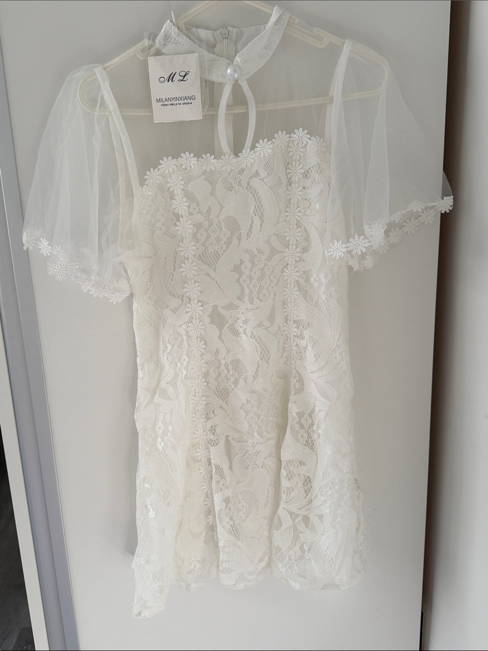 White Lace Mini Dress with Sheer Capelet